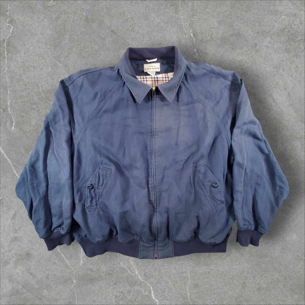 Eddie Bauer AKA Harrington Jacket Mens XL Navy Blue Linen Blend Full Zip Plaid